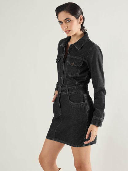 Black Washed Denim Flap Pocket Short Dress