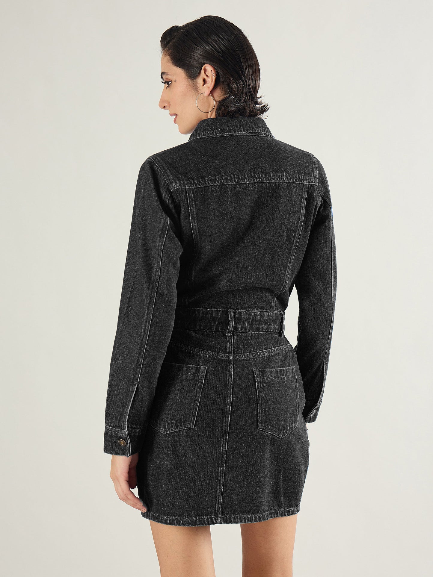 Black Washed Denim Flap Pocket Short Dress
