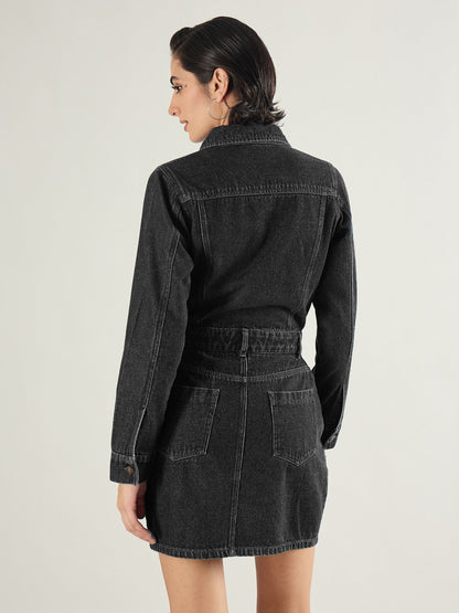 Black Washed Denim Flap Pocket Short Dress