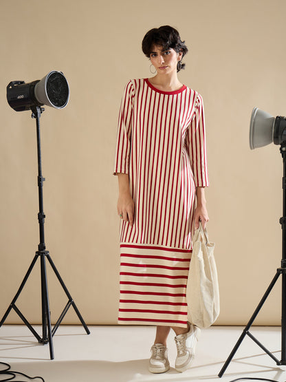 Red & Beige Striped T-Shirt Dress