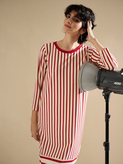 Red & Beige Striped T-Shirt Dress