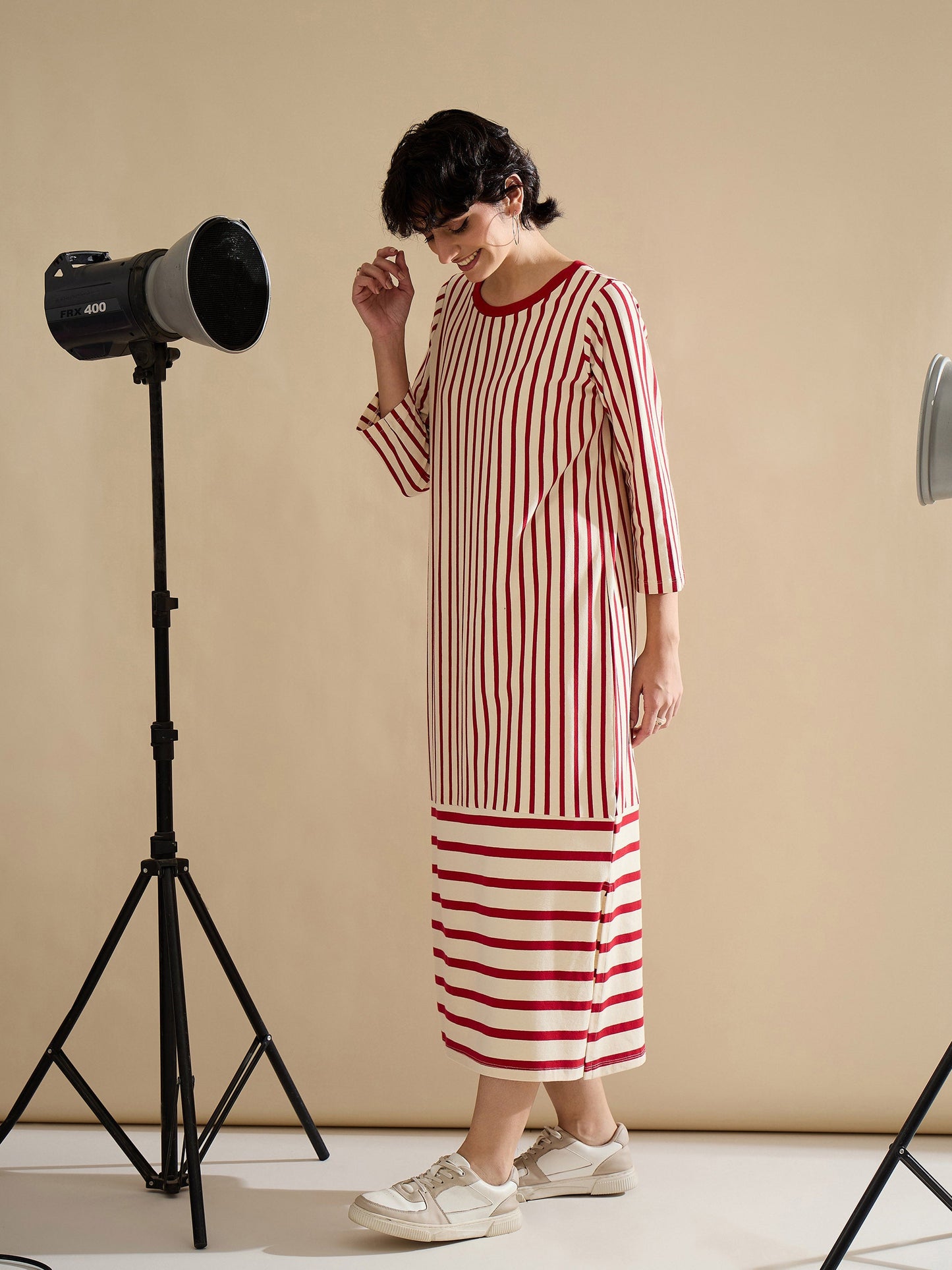 Red & Beige Striped T-Shirt Dress