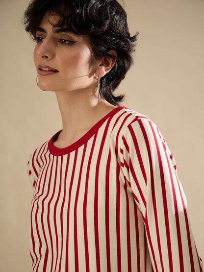 Red & Beige Striped T-Shirt Dress