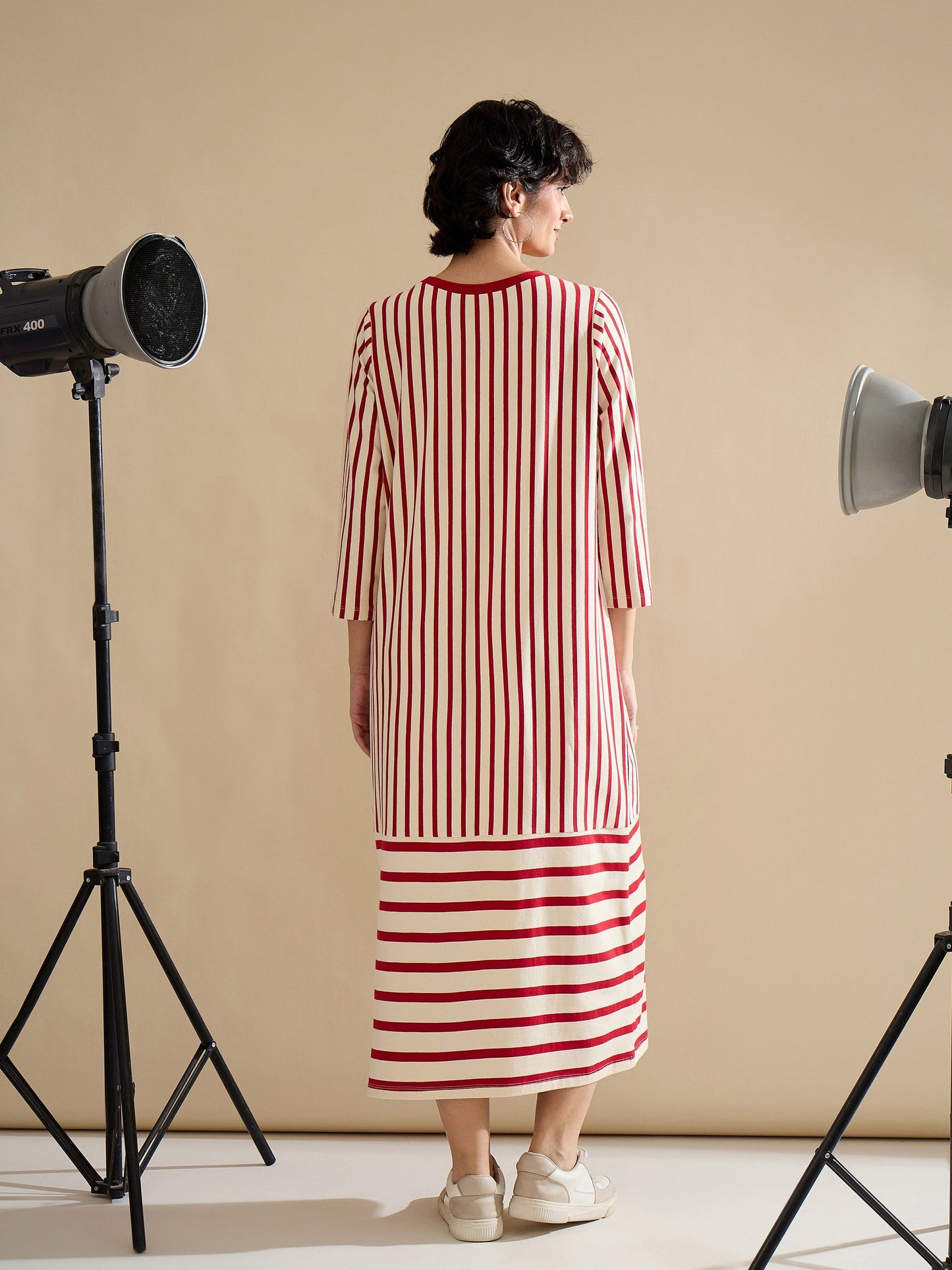 Red & Beige Striped T-Shirt Dress