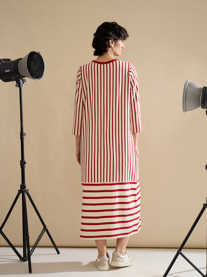 Red & Beige Striped T-Shirt Dress