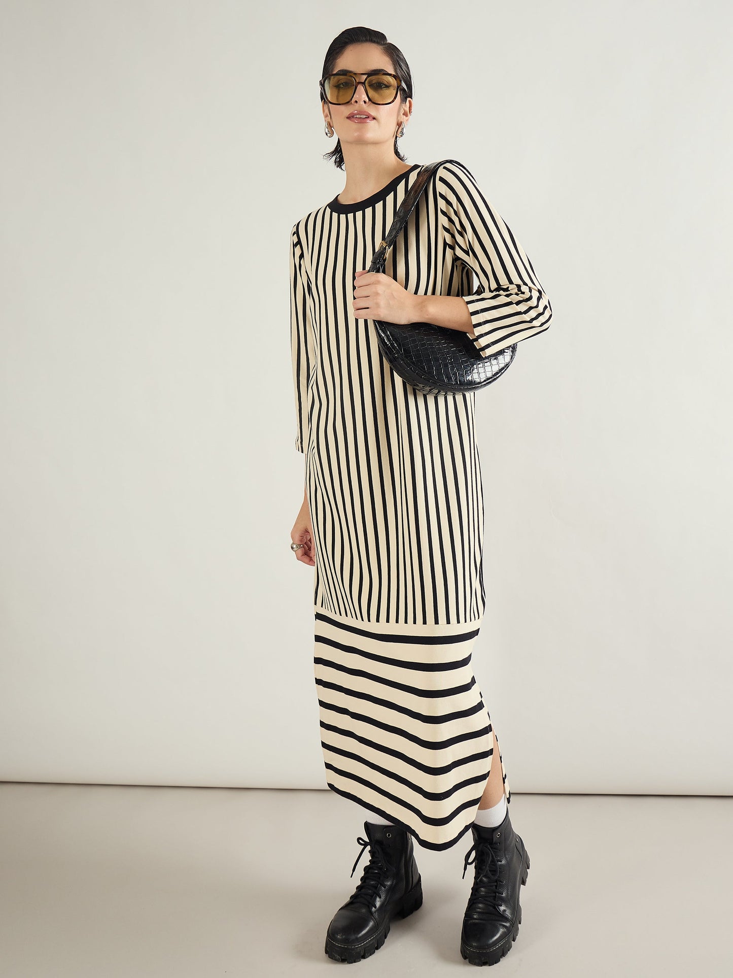 Black & Beige Striped T-Shirt Dress