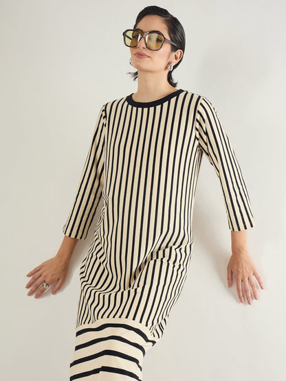 Black & Beige Striped T-Shirt Dress