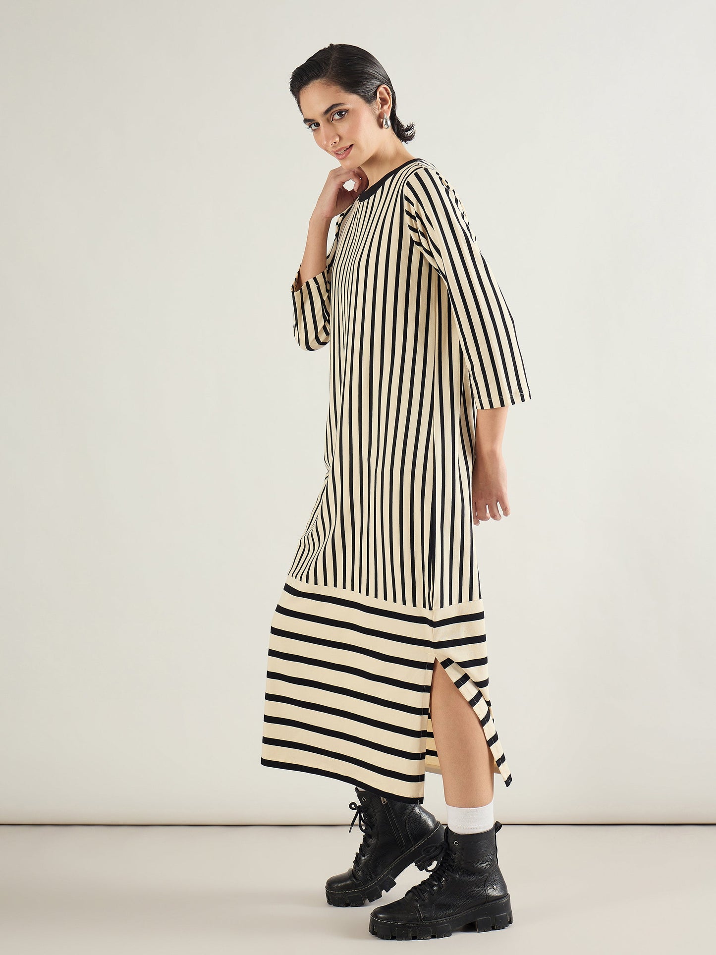 Black & Beige Striped T-Shirt Dress