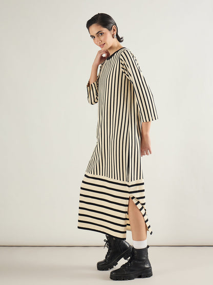 Black & Beige Striped T-Shirt Dress