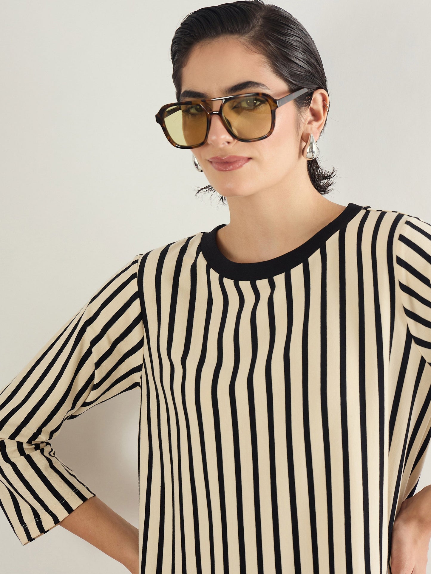 Black & Beige Striped T-Shirt Dress