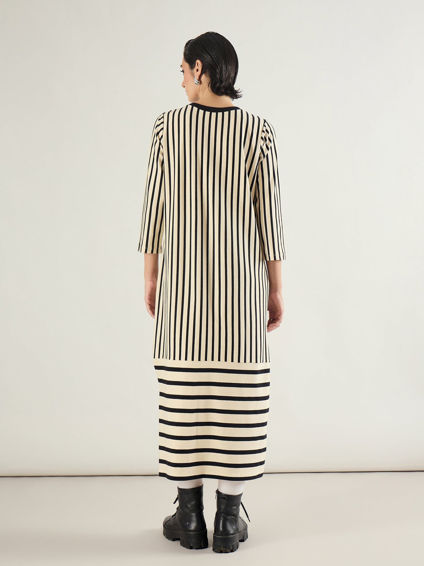 Black & Beige Striped T-Shirt Dress