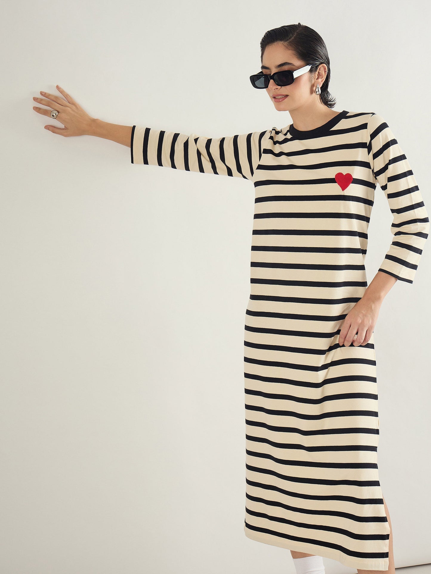 Black & Beige Striped Embroidered T-Shirt Dress