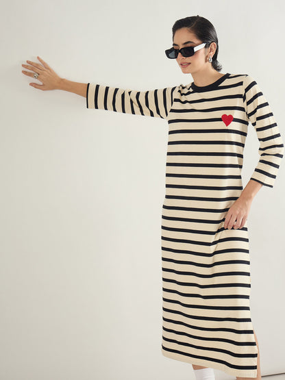 Black & Beige Striped Embroidered T-Shirt Dress