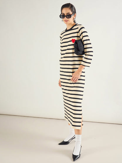 Black & Beige Striped Embroidered T-Shirt Dress