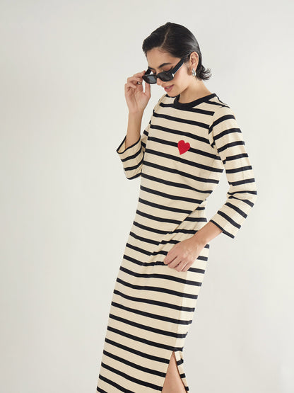 Black & Beige Striped Embroidered T-Shirt Dress