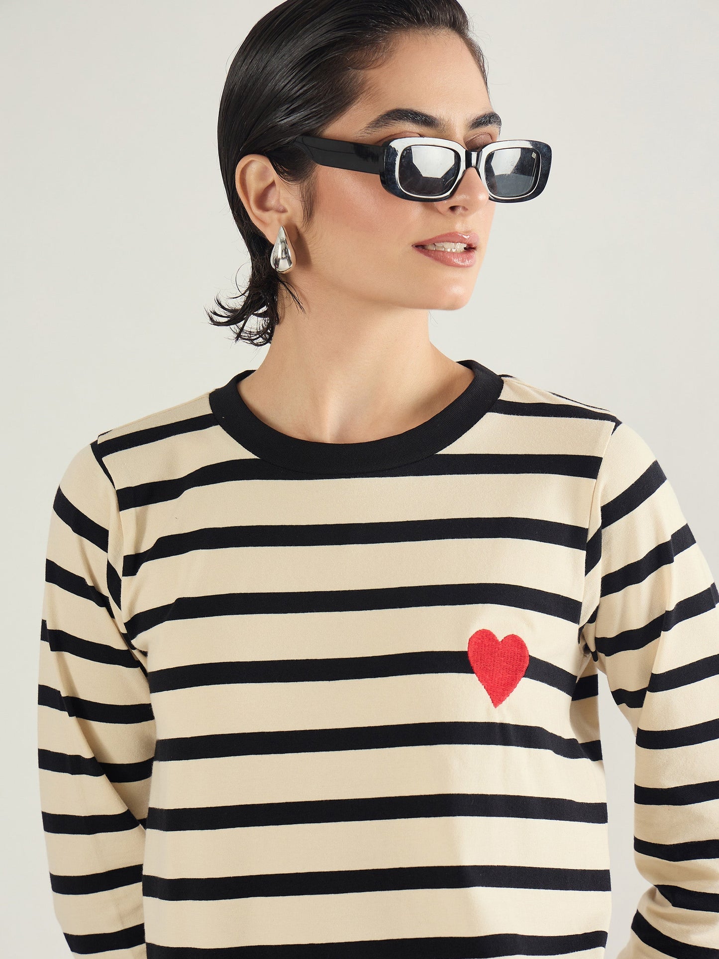 Black & Beige Striped Embroidered T-Shirt Dress