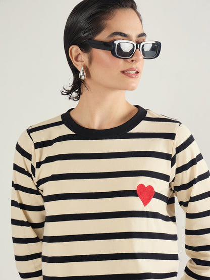 Black & Beige Striped Embroidered T-Shirt Dress