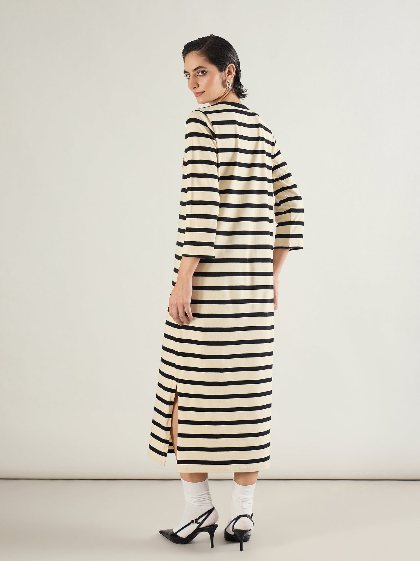 Black & Beige Striped Embroidered T-Shirt Dress