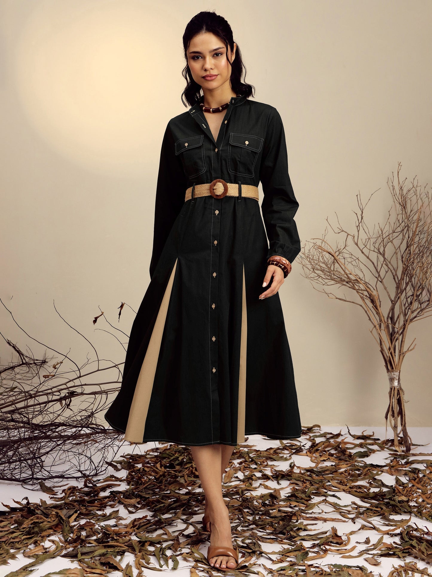 Black Poplin Kick Pleat Midi Dress