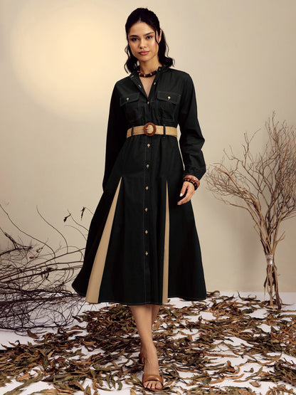 Black Poplin Kick Pleat Midi Dress