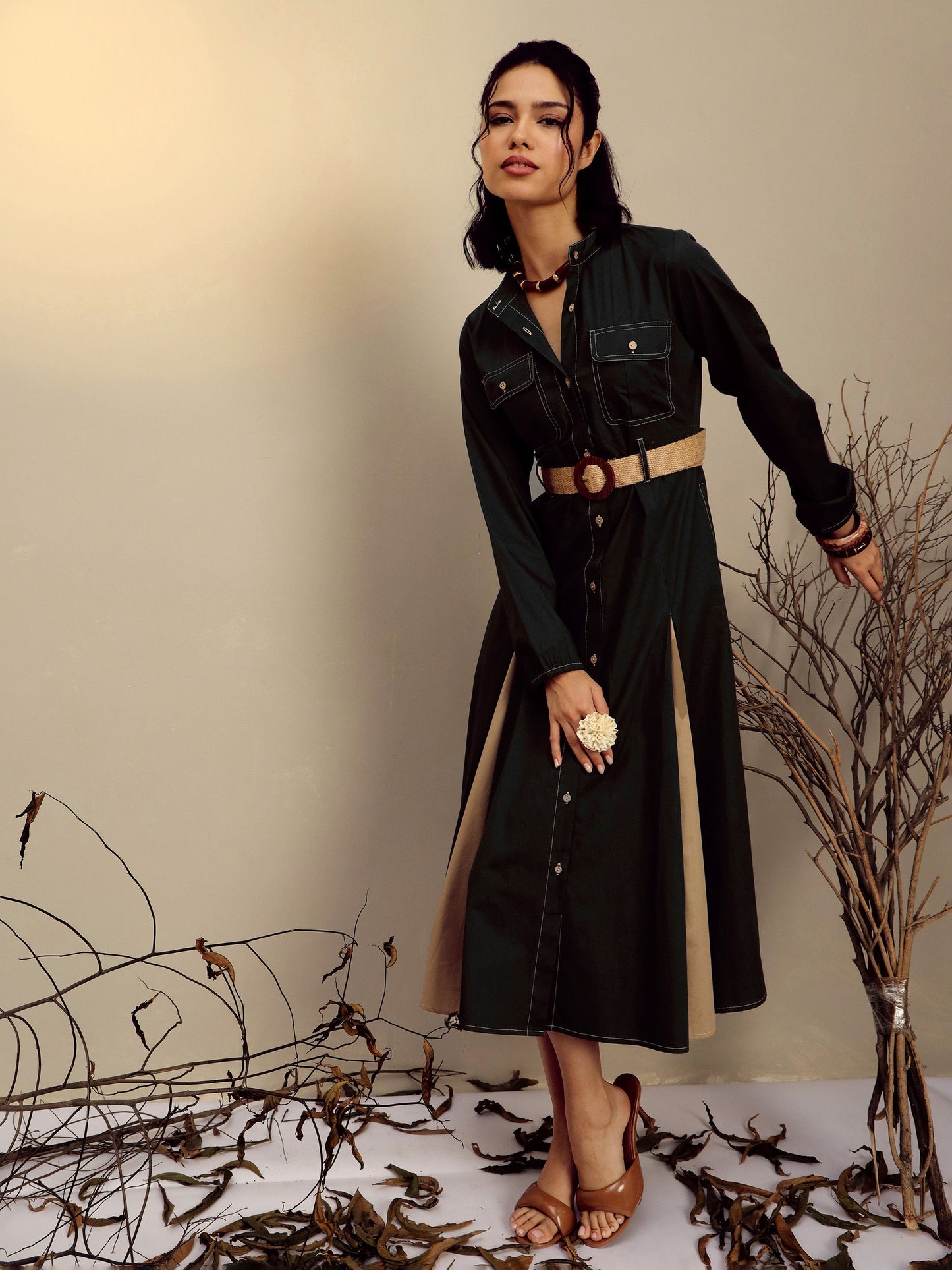 Black Poplin Kick Pleat Midi Dress