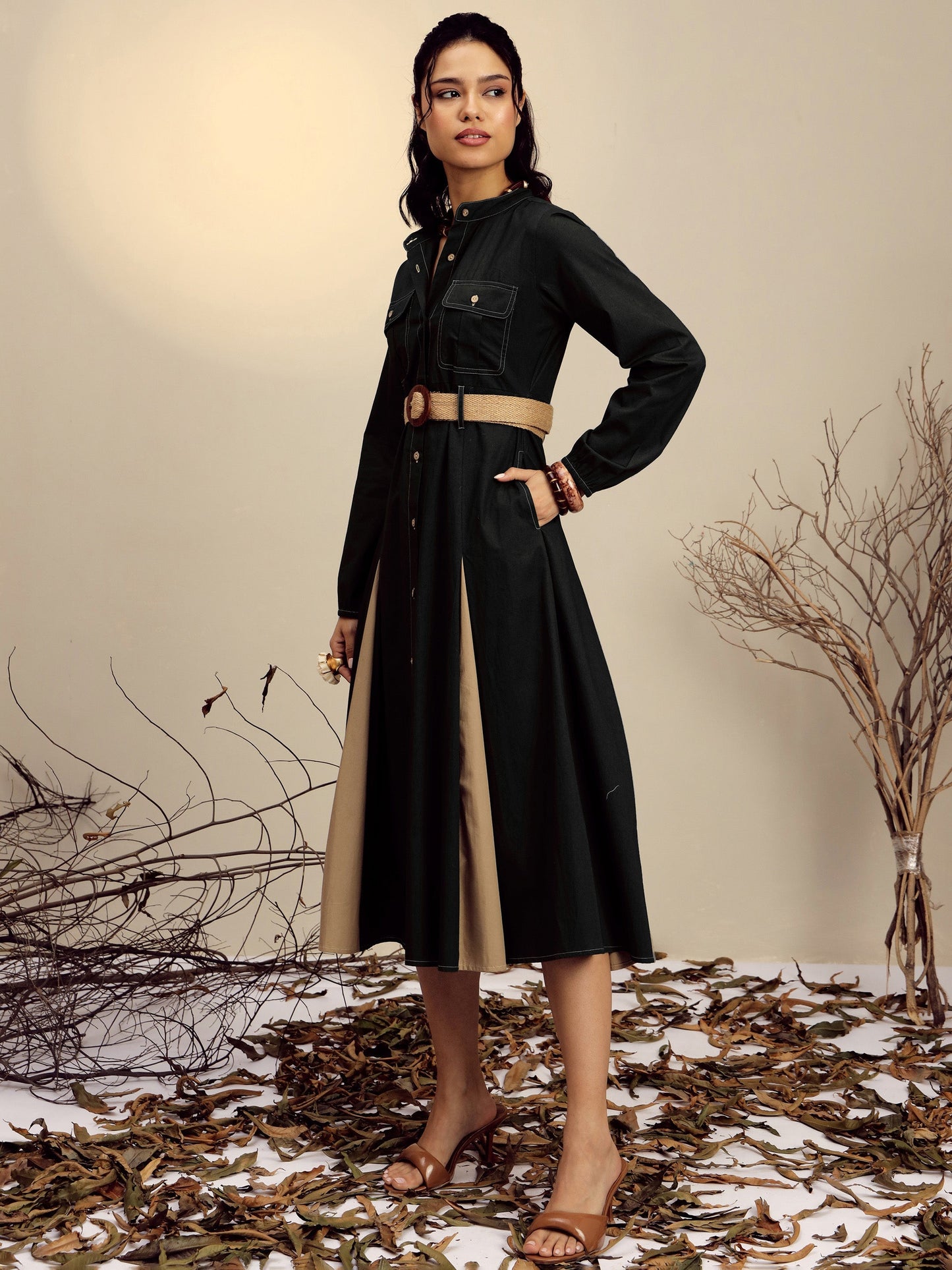 Black Poplin Kick Pleat Midi Dress