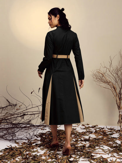 Black Poplin Kick Pleat Midi Dress