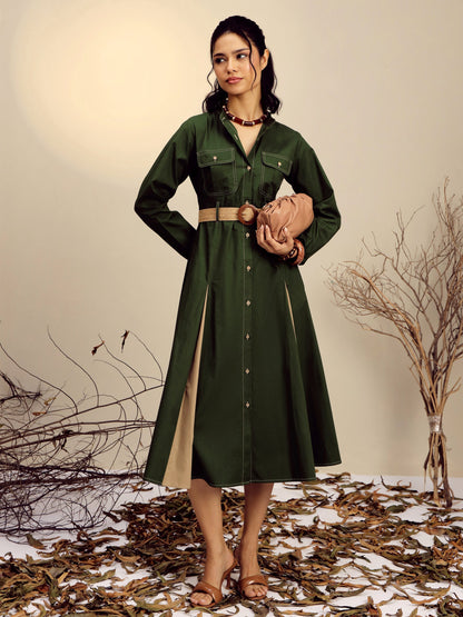 Olive Poplin Kick Pleat Midi Dress