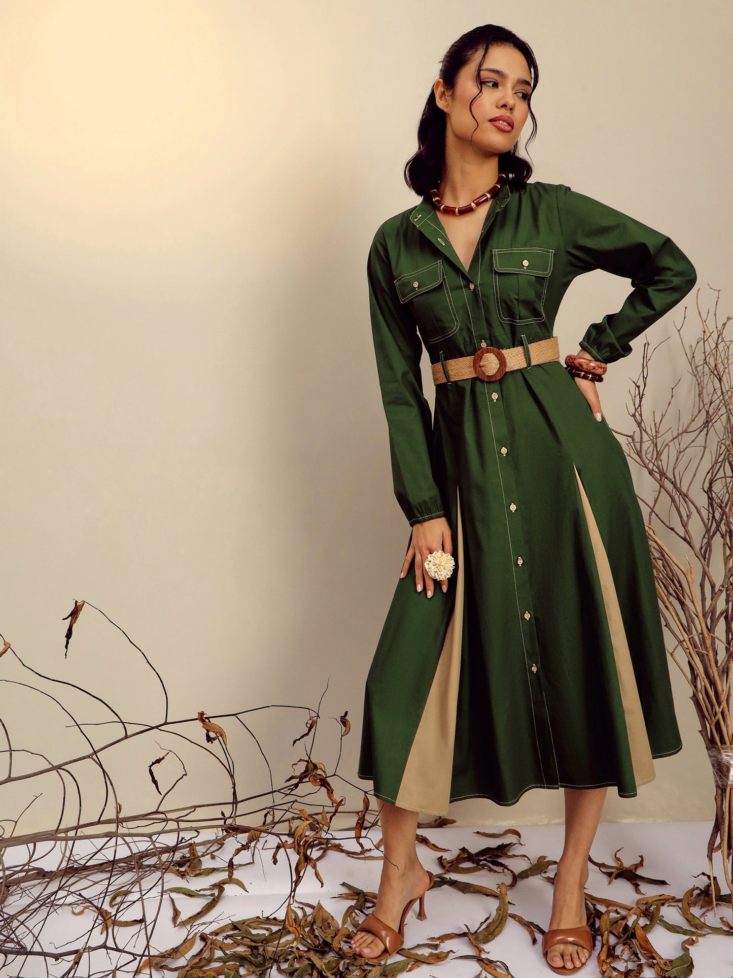 Olive Poplin Kick Pleat Midi Dress