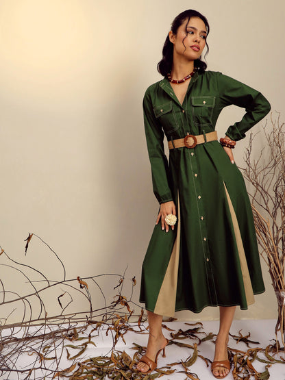 Olive Poplin Kick Pleat Midi Dress