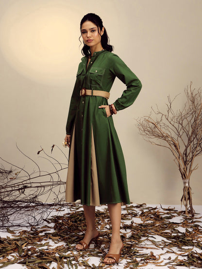 Olive Poplin Kick Pleat Midi Dress