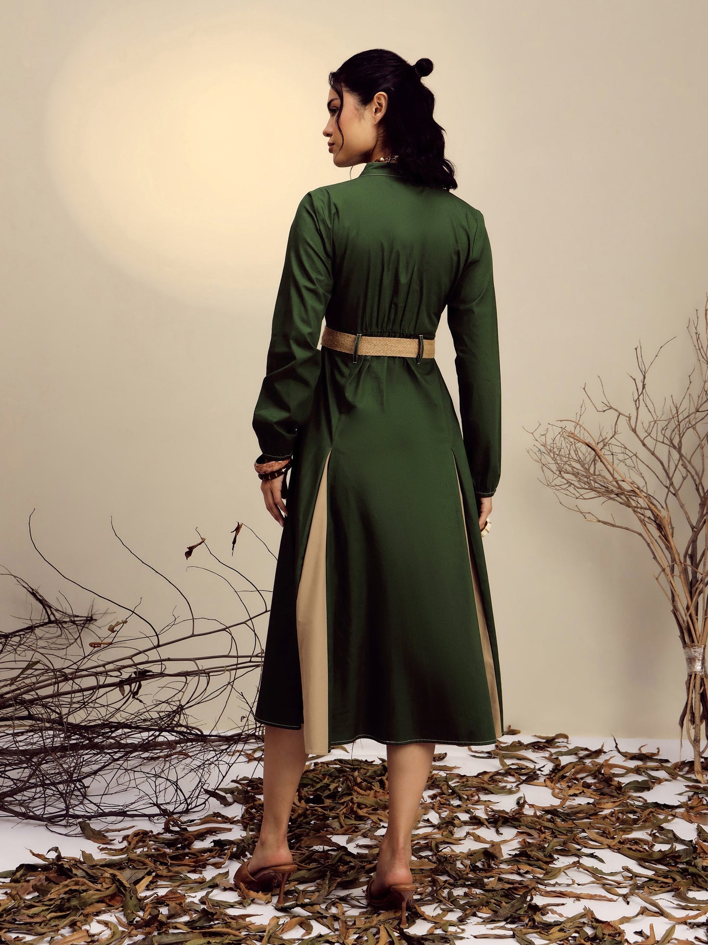 Olive Poplin Kick Pleat Midi Dress