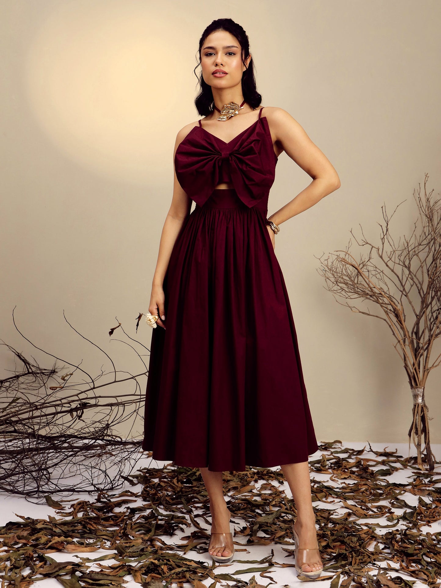 Maroon Poplin Front Bow Strappy Midi Dress