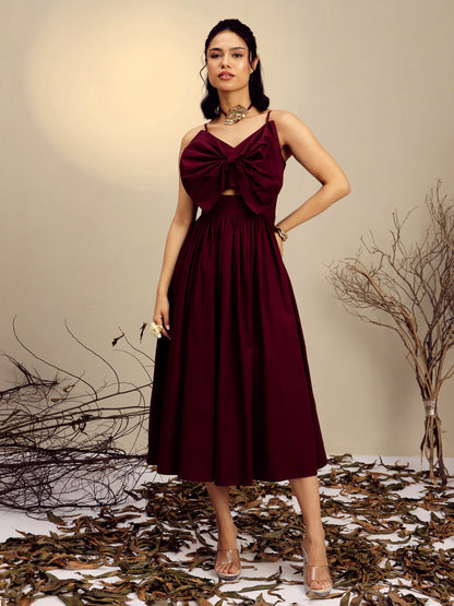 Maroon Poplin Front Bow Strappy Midi Dress