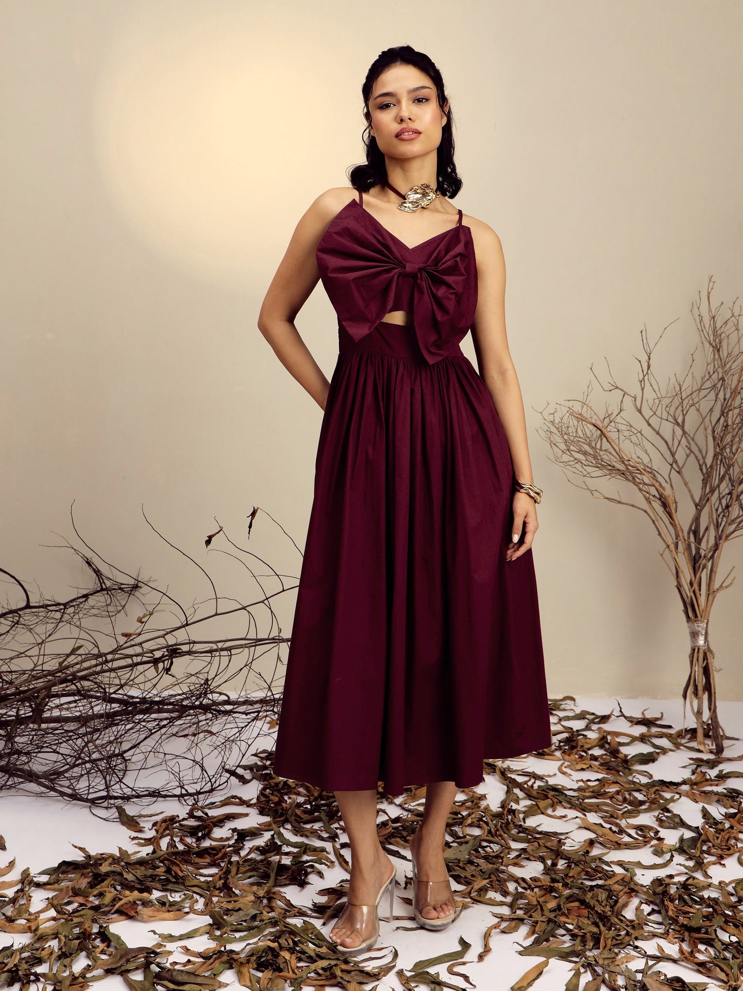 Maroon Poplin Front Bow Strappy Midi Dress