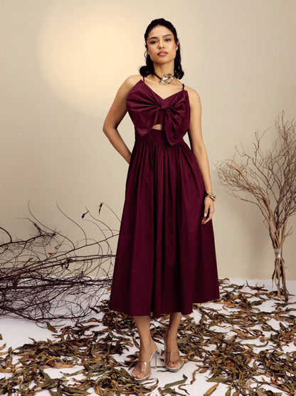 Maroon Poplin Front Bow Strappy Midi Dress