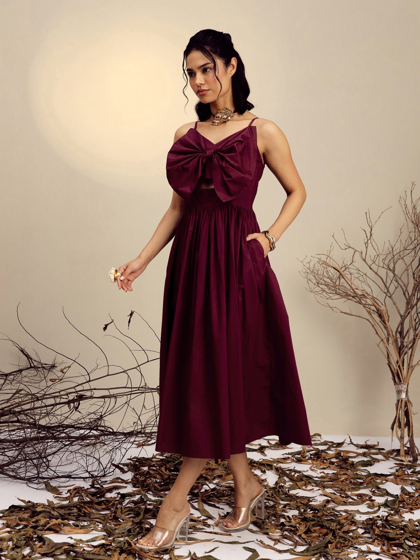 Maroon Poplin Front Bow Strappy Midi Dress