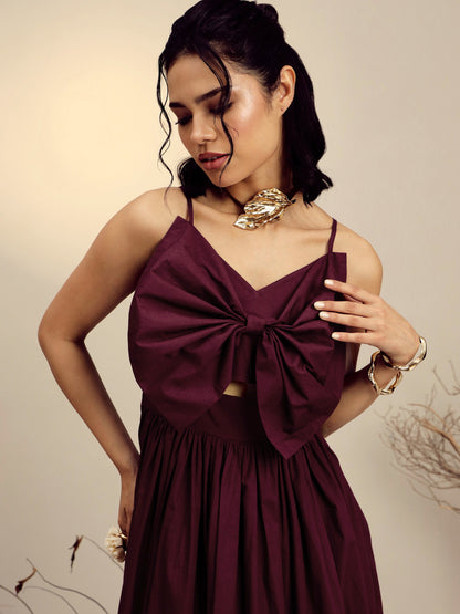 Maroon Poplin Front Bow Strappy Midi Dress