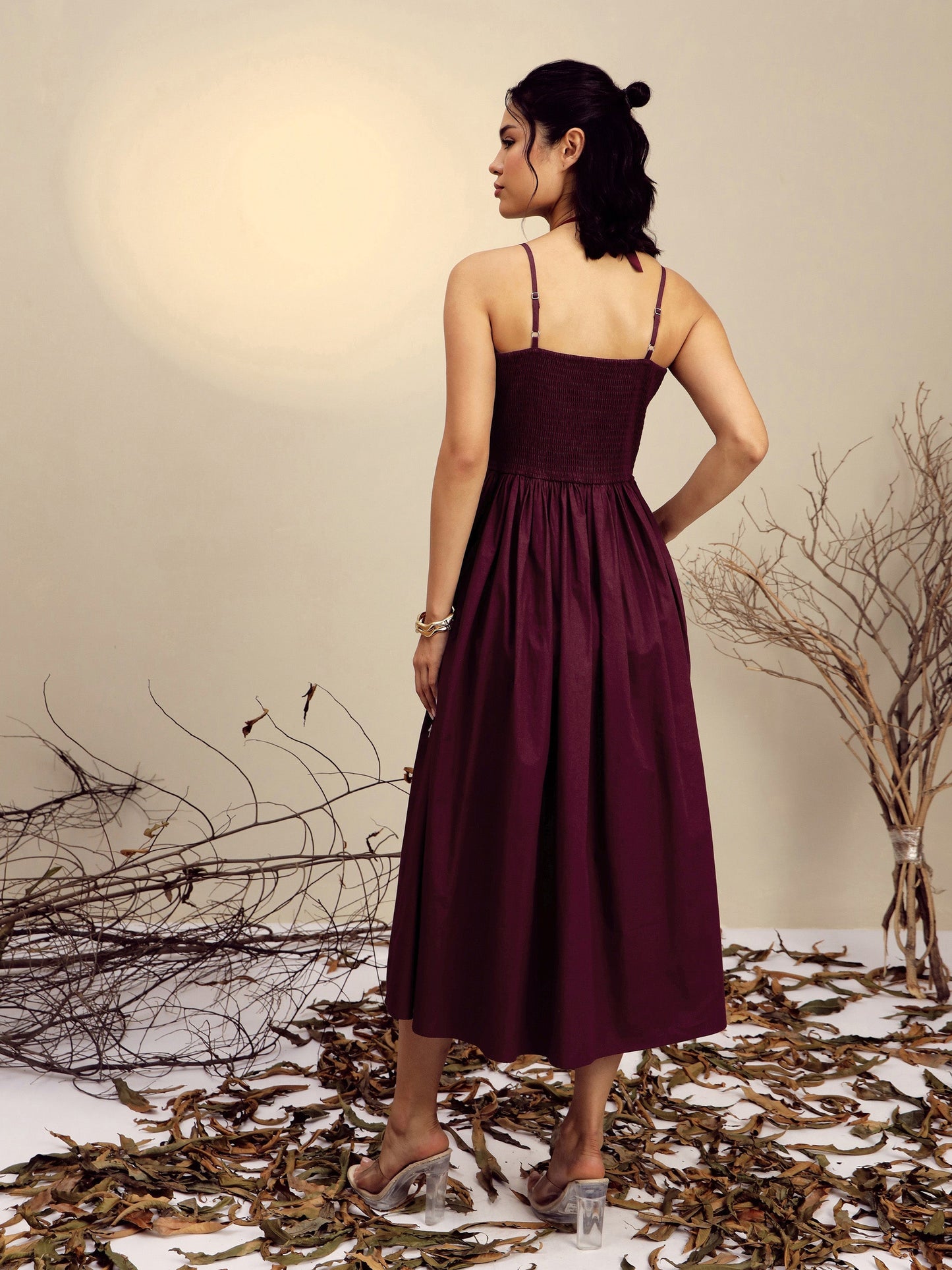 Maroon Poplin Front Bow Strappy Midi Dress