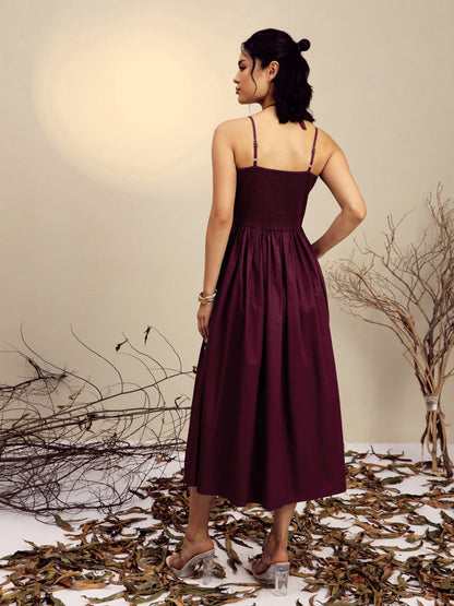 Maroon Poplin Front Bow Strappy Midi Dress