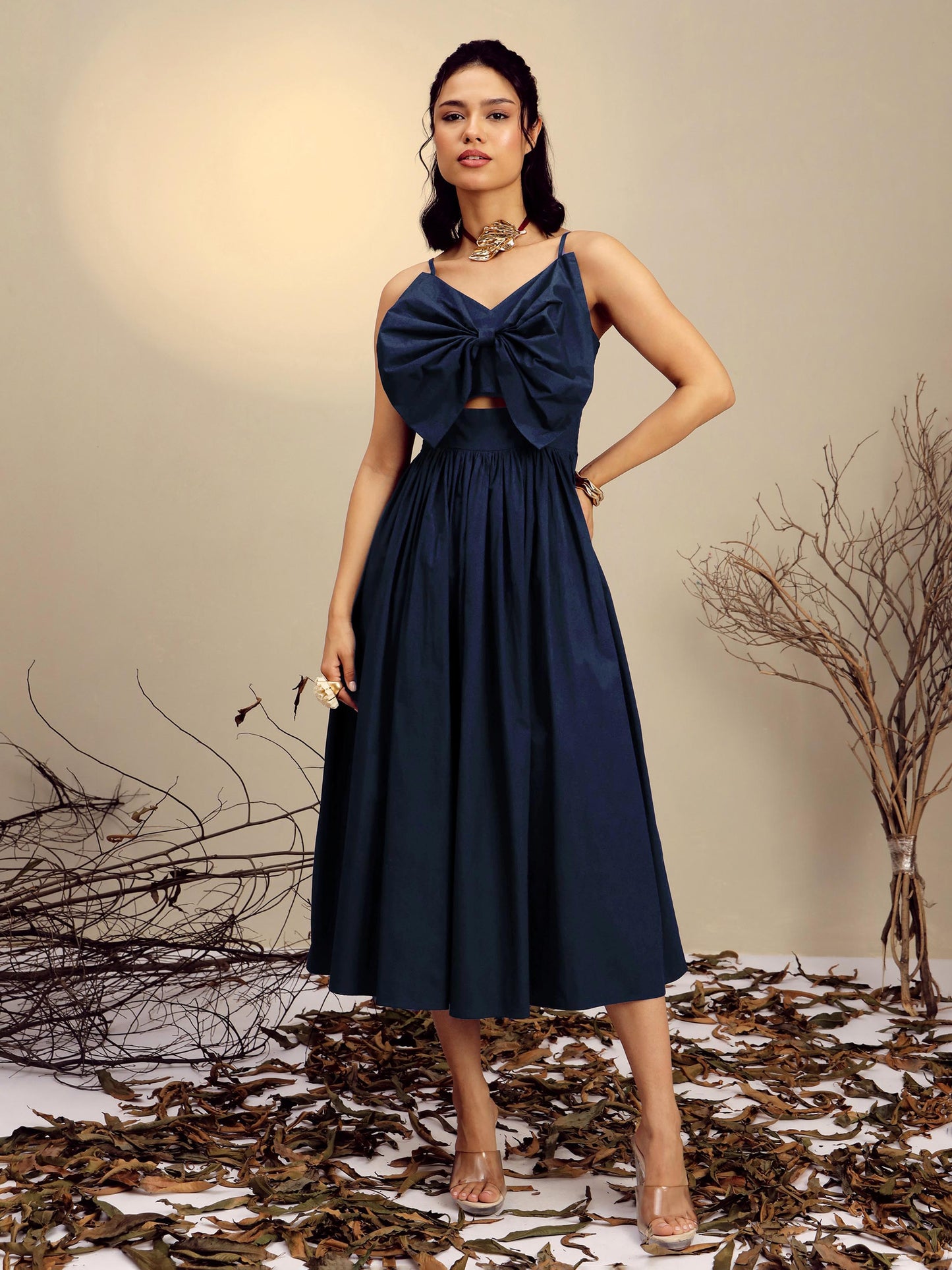 Navy Poplin Front Bow Strappy Midi Dress
