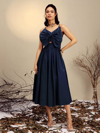 Navy Poplin Front Bow Strappy Midi Dress