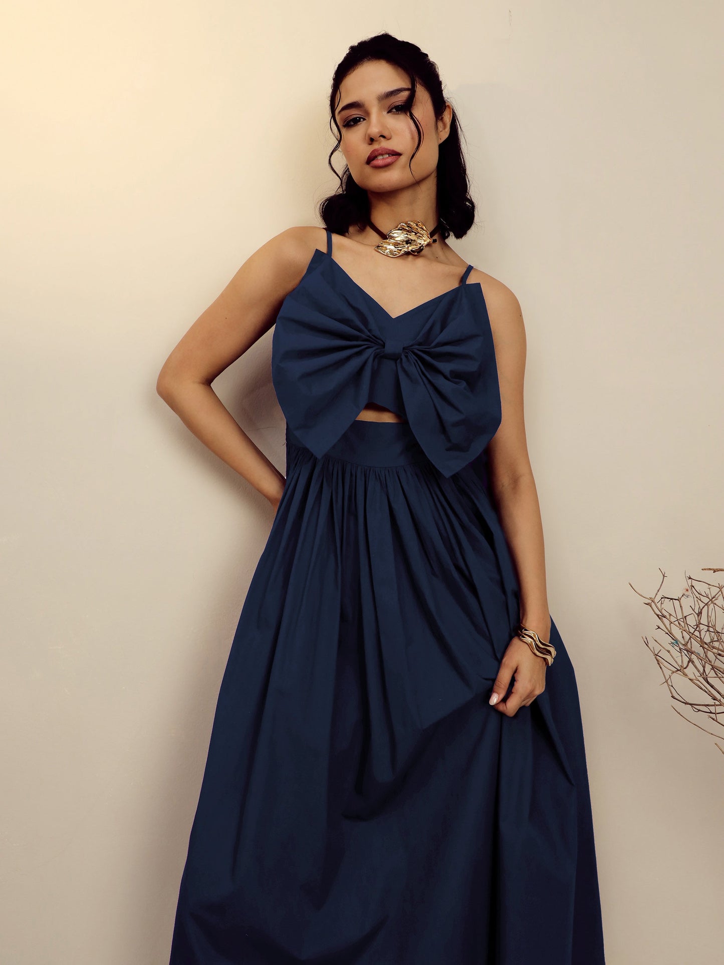 Navy Poplin Front Bow Strappy Midi Dress