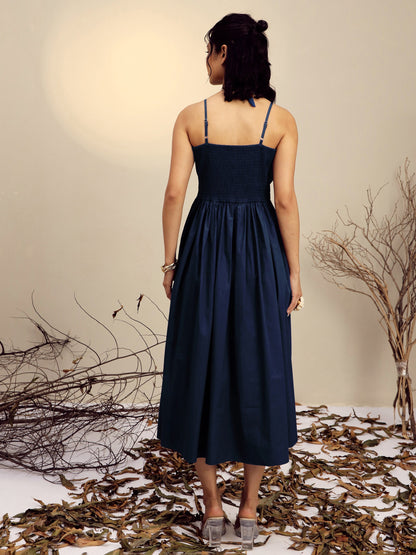 Navy Poplin Front Bow Strappy Midi Dress