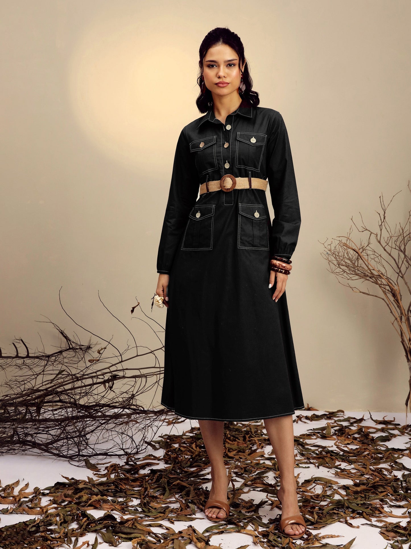 Black Poplin Front Open Midi Dress