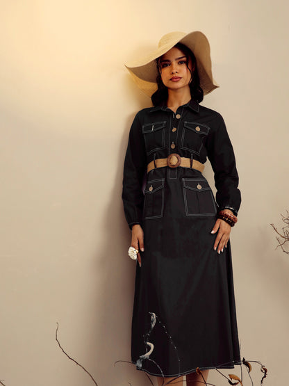 Black Poplin Front Open Midi Dress