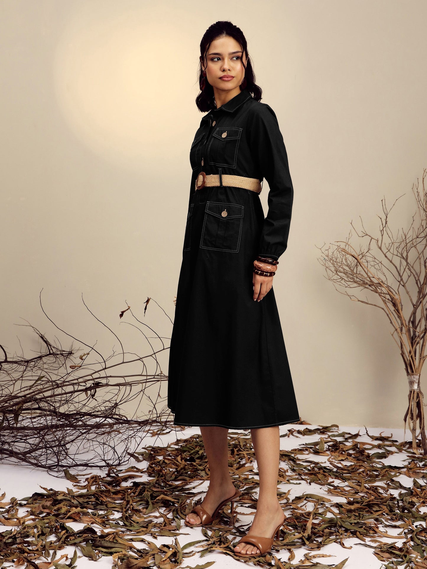 Black Poplin Front Open Midi Dress