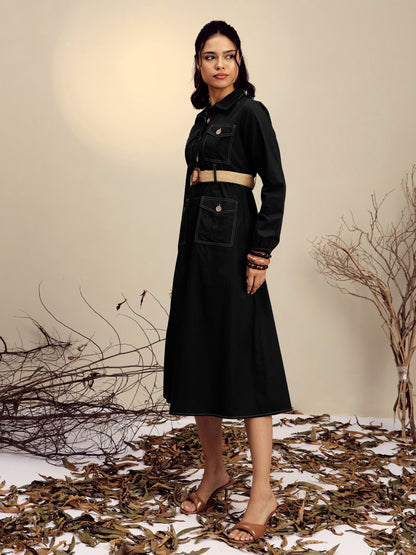 Black Poplin Front Open Midi Dress