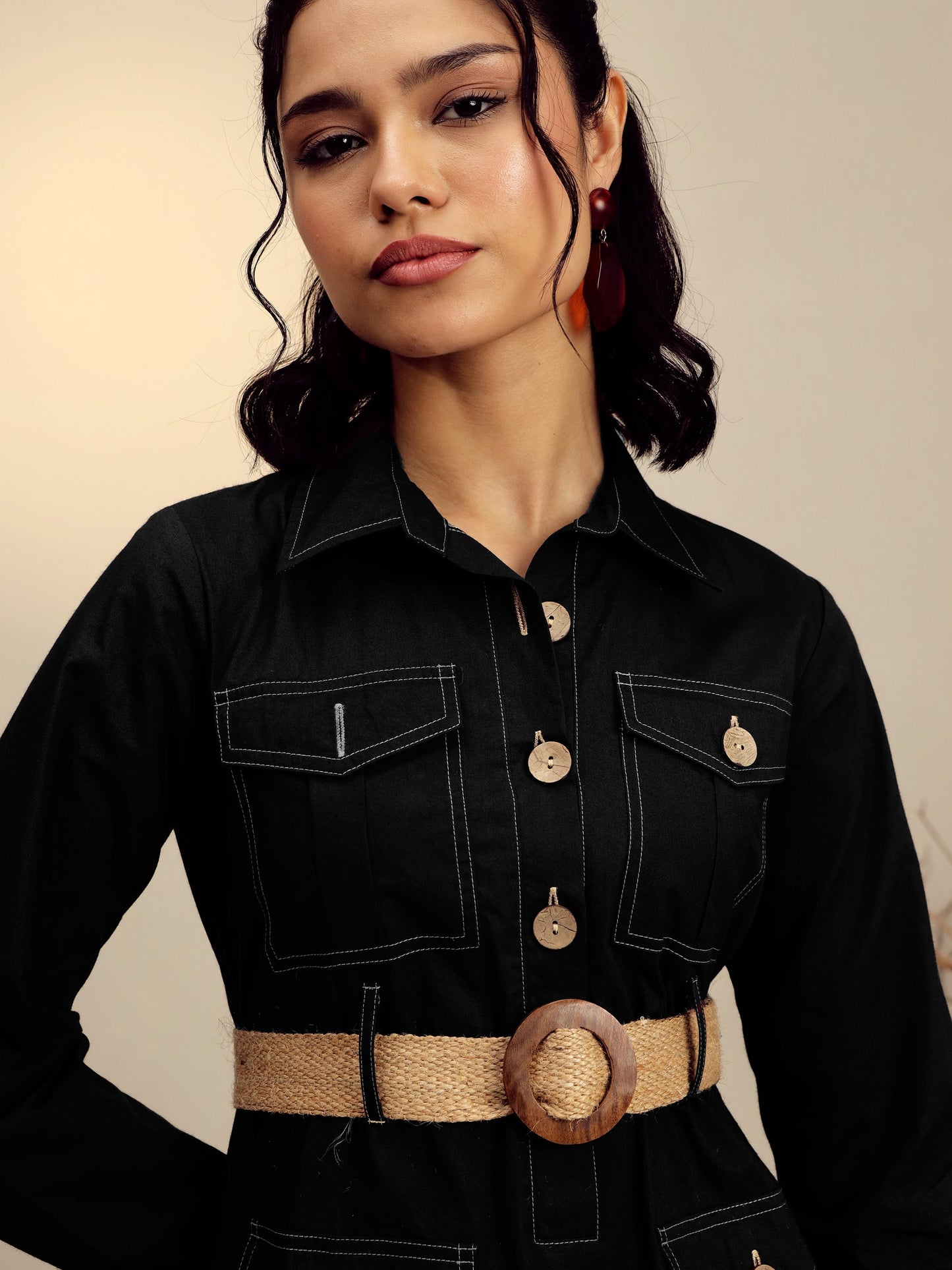 Black Poplin Front Open Midi Dress