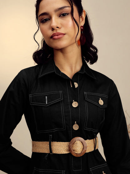 Black Poplin Front Open Midi Dress